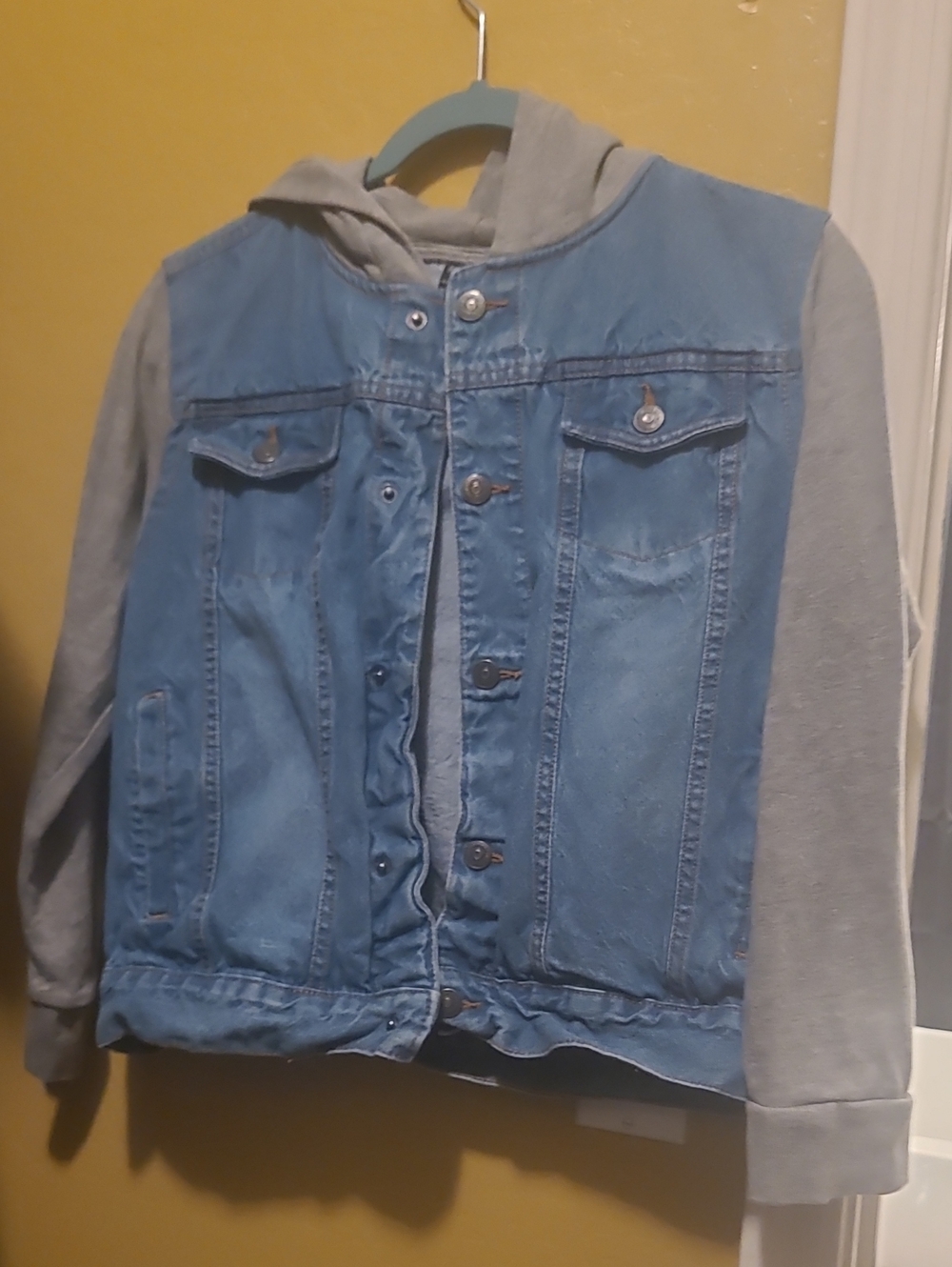 Ring of Fire Blue Denim Jacket with Gray Hoodie Sleeves